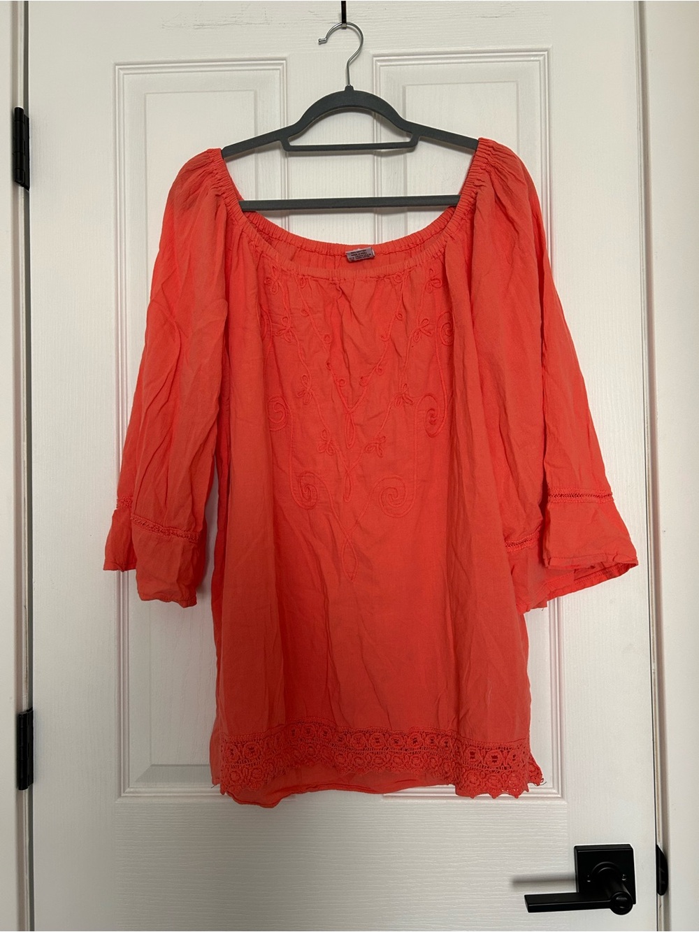 Women’s Red Peasant Blouse with Embroidered Detail